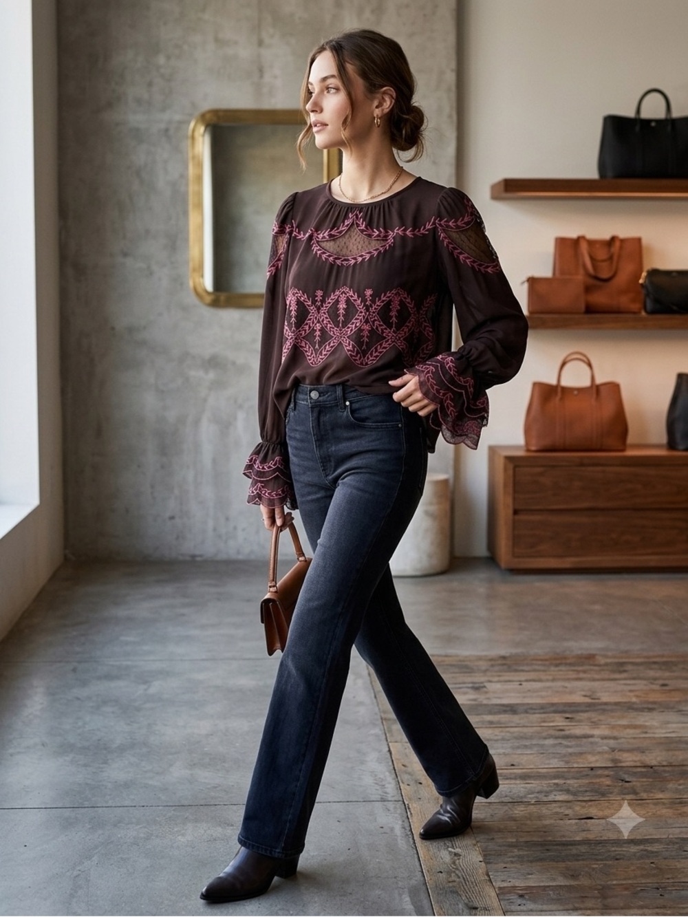 Anthropologie Chocolate Brown Blouse with Pink Embroidery